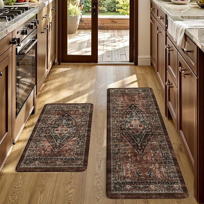 KIMODE Anti Fatigue Kitchen Mats for Floor, Boho Floral Kitchen Rugs Sets of 2, Brick Cushioned Kitchen Floor Mats, Non Slip Standing Desk Mat for Sink Laundry Office Desk 20"x47"+20"x32"