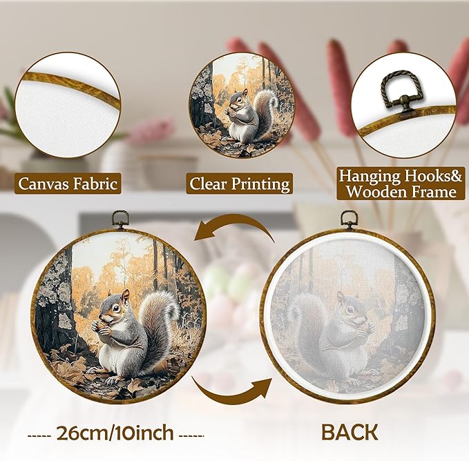 Mcehtle Vintage Fall Squirrel Wall Art Decor, Rustic Autumn Nature Forest Squirrel Framed Canvas Prints 10x10, Fall Wild Animal Farmhouse Round Wall Hanging Artwork Decorations for Home Bedroom