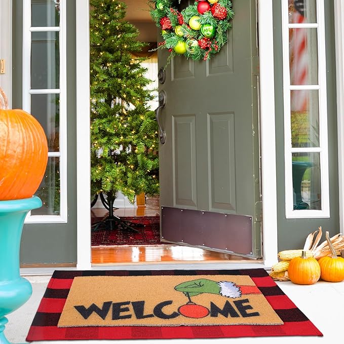 2 Pcs Christmas Welcome Door Mat Lime Green Hand Outdoor Welcome Mats for Front Door Non Slip Xmas Coir Floor Mat Black White Checked Christmas Rug for Outside Front Porch Entryway Decor