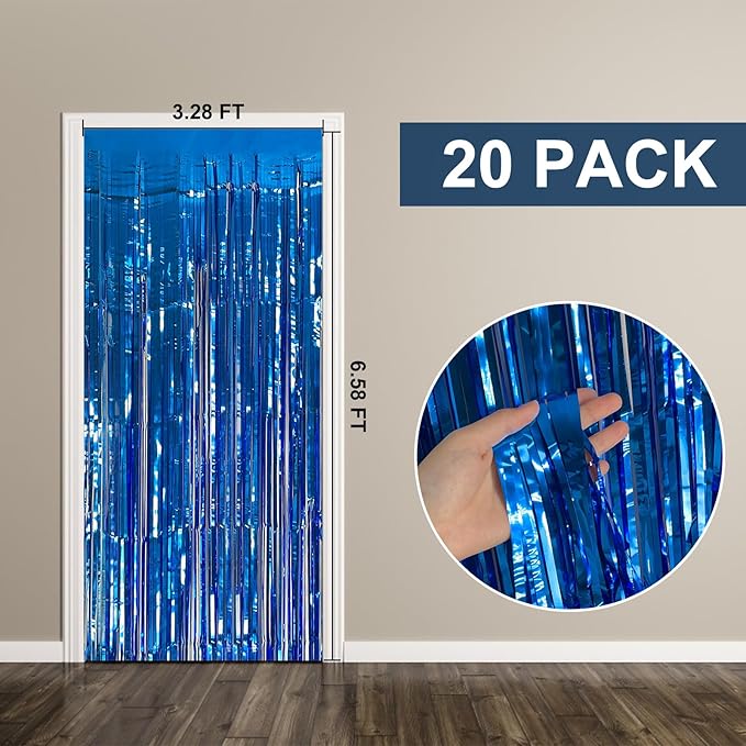 20 Pack Foil Curtain Backdrop Blue Metallic Tinsel Foil Fringe Curtains Photo Booth Props for Birthday Wedding Engagement Baby Shower Bachelorette Christmas Holiday Celebration Party Decorations