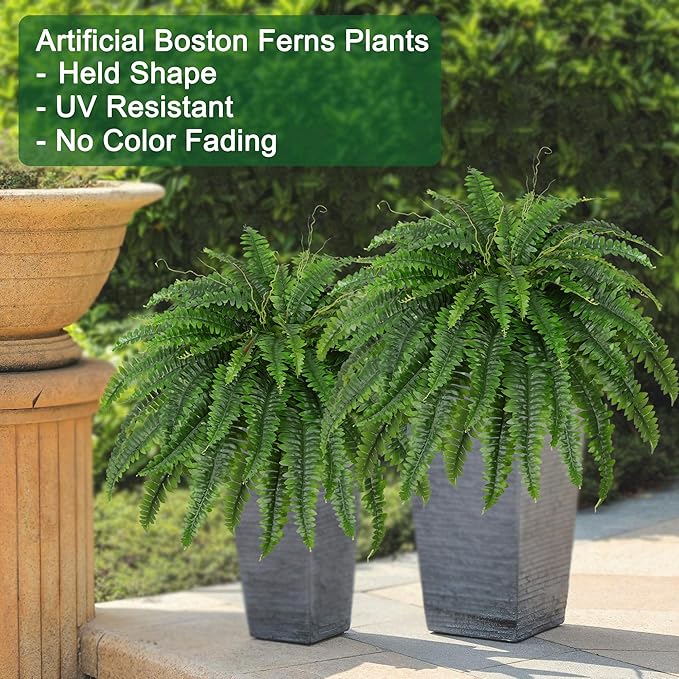 Artificial Boston Fern Bush- Set of 2 Large Artificial Ferns for Outdoors, 45Inch Large Faux Ferns, Suitable for Office & Living Room Decor, 55Branches for Each Bouquet