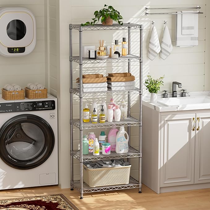 5 tire Shelves Storage Wire Shelving Unit Metal Shelf Adjustable Organizers Storage Shelving with Wheels for Bathroom Laundry Room Kitchen Pantry12”D x 22”W x 69”H Silver