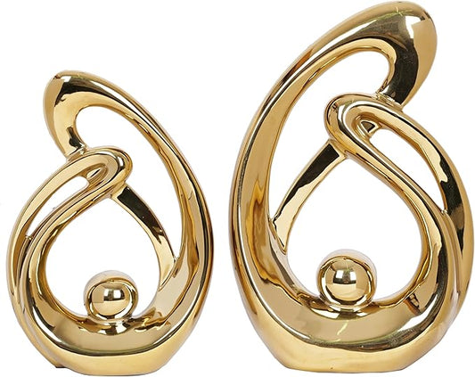 2 Pcs Gold Home Decor Accent Ceramic Statue Table Sculpture Decorations Abstract Art Mid Century Modern Centerpiece for Dining Room Living Room Bedroom Shelf Office Coffee Table Golden Decor