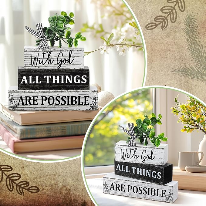 Geelin 4 Pcs Christian Wooden Sign Farmhouse Rustic Eucalyptus Leaves Wood Block Sign Table Centerpiece Religious Tiered Tray Decor Centerpiece Decor for Home Summer