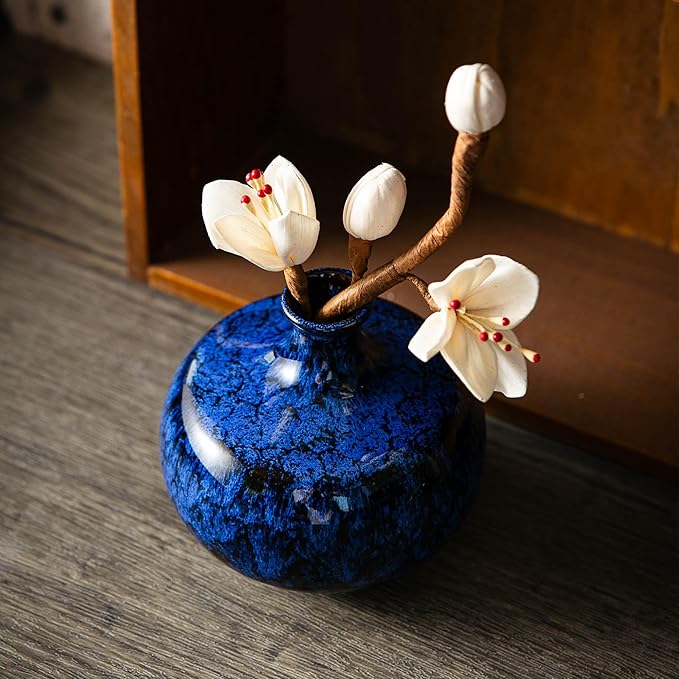 Blue Ceramic Bud Vases, Set of 6 Small Glazed Pottery Vases for Floral Arrangements, Decorative Rustic Vases for Modern Farmhouse Home Decor, Living Room, Dining Table Centerpieces