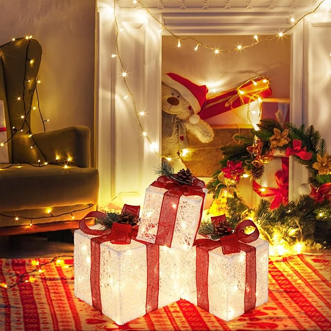Christmas Lighted Gift Boxes with Lace Cloth, Pre-lit Lights Gift Boxes Set of 3, Light up Present Boxes Set Battery Operated with Different Sizes for Holiday Indoor Outdoor Decorations