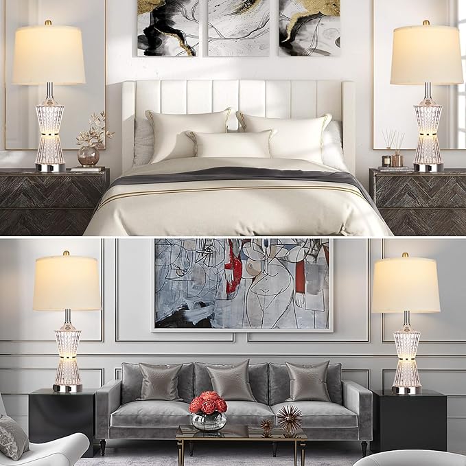 26" Modern Table Lamps, Set of 2 Table Lamp Night Light with 2 USB Charging Ports & AC Outlet, Bedside Nightstand Lamp White Shade for Living Room Bedroom Home Decor Silver(LED Bulbs Included)