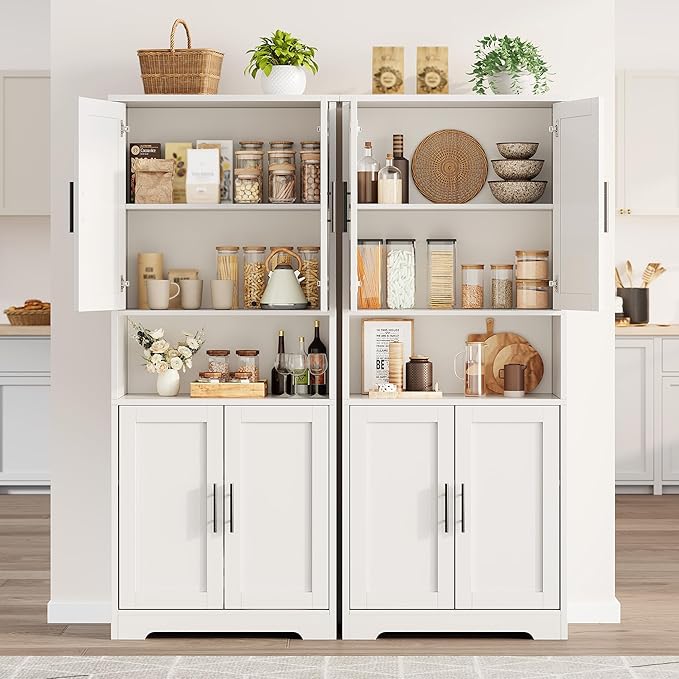 GarveeHome 70 Inch Tall Kitchen Pantry Cabinet, Freestanding Storage Cabinet with 4 Doors and Adjustable Shelves, Utility Hutch Cupboard for Dining Room, Bathroom, Living Room (Style B, White)
