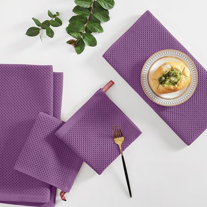 Homaxy 100% Cotton Kitchen Towels and Dishcloths Set, 12 x 12 Inches and 13 x 28 Inches, Set of 12 Bulk Kitchen Towels Set, Ultra Soft Absorbent Dish Cloths for Washing Dishes, Purple