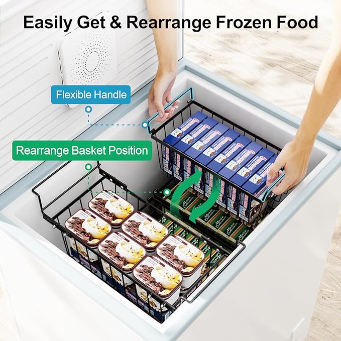 iSPECLE Chest Freezer Organizer Bins - 15.8~18.8 Inch Freezer Organizer Bins for 7 Cu.Ft Deep Freezer, 1 Hanging Basket and 3 Pack Stackable Freezer Organizer, 4 Pack Black