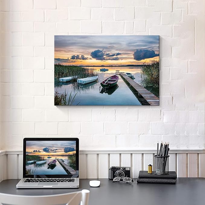 Lake Pier Canvas Wall Art: Modern Rustic Sunset Scenery Picture Nature Reed Landscape Painting Wilderness Boat Shore Gallery Artwork Colorful Skyline Sunrise Scene Prints for Bedroom Bathroom