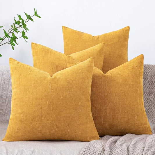 Set of 4 Soft Textured Decorative Throw Pillow Covers 16x16 Inch Cozy Farmhouse Cushion Cover Square Accent Pillow Cases for Bed Couch Sofa Living Room, Mustard Yellow