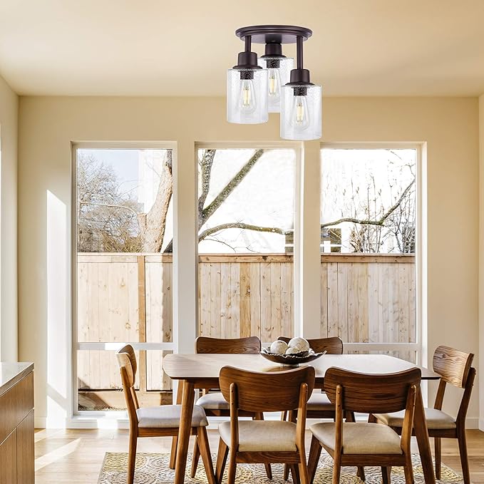 Semi Flush Mount Ceiling Light, 3-Light Close to Ceiling Light Fixtures, Vintage Oil-Rubbed Bronze Finish Kitchen Light Fixture with Clear Seeded Glass Shade Patriot Lighting for Entryway Porch Foyer