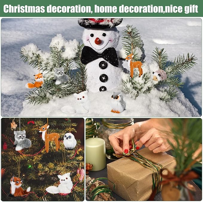 Skylety 10 Pieces Forest Animals Ornaments Woodland Animal Faux Fur Plush Hanging Ornaments Family Educational Playset for Fall, Christmas, Winter Birthday Party Supplies(Animals)