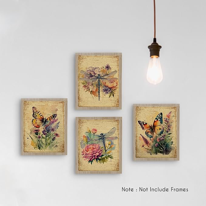 HRQKO Vintage Butterfly Dragonfly Floral Wall Art Poster Prints Set of 4, Dragonfly Wall Decor, Retro Wildflower Artwork Printing Posters Wall Decor, Butterfly Prints for Living Room 8”x10” Unframed