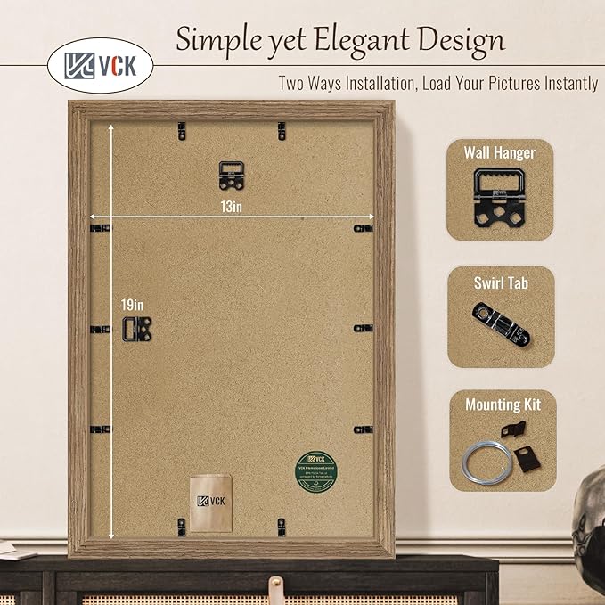 VCK 13x19 Picture Frame 3 Pack - Brown Walnut, Natural Textured Solid Wood Frame, Wall Gallery Frame