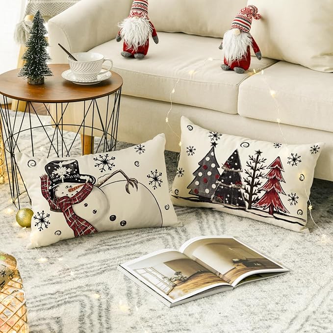 AVOIN colorlife Merry Christmas Snowman Let It Snow Throw Pillow Covers, 12 x 20 Inch Xmas Tree Winter Holiday Cushion Case Decoration for Sofa Couch Set of 4