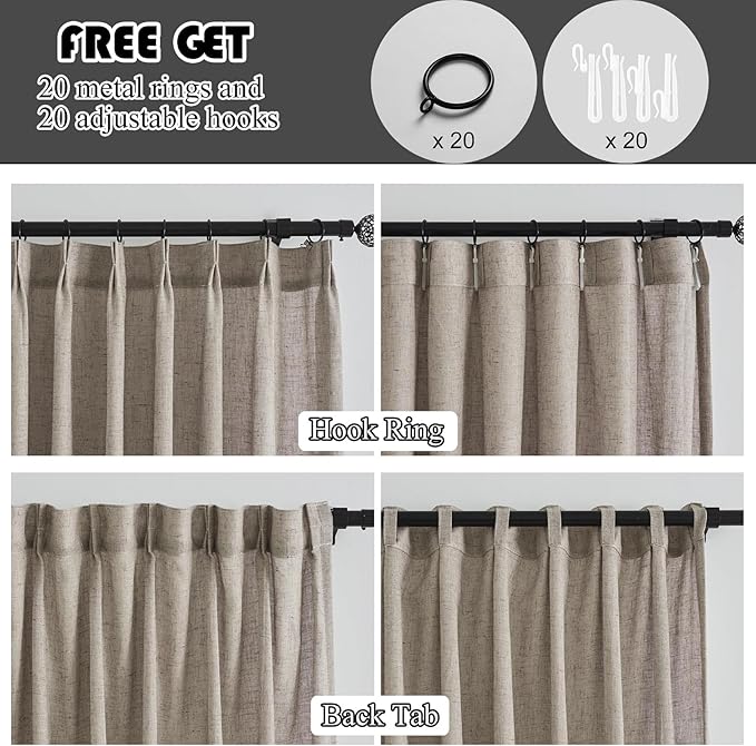 Dark Taupe Pinch Pleated Linen Sheer Curtains 102 Inch Long 2 Panels Set, Brown Light Filtering Drapes Floor to Ceiling, Sliding Glass Door Curtain with Rings & Hooks & Back Tab