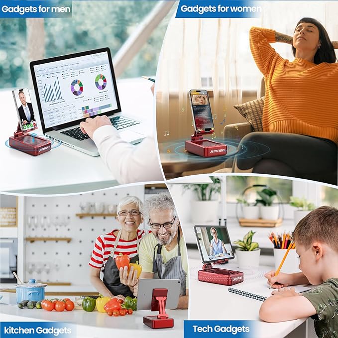 JTEMAN Portable Phone Stand with Speaker Bluetooth Wireless,Gifts for Men Women,Birthday for Women,Kitchen Gadgets for Men,Phone Holder for Desk - Red