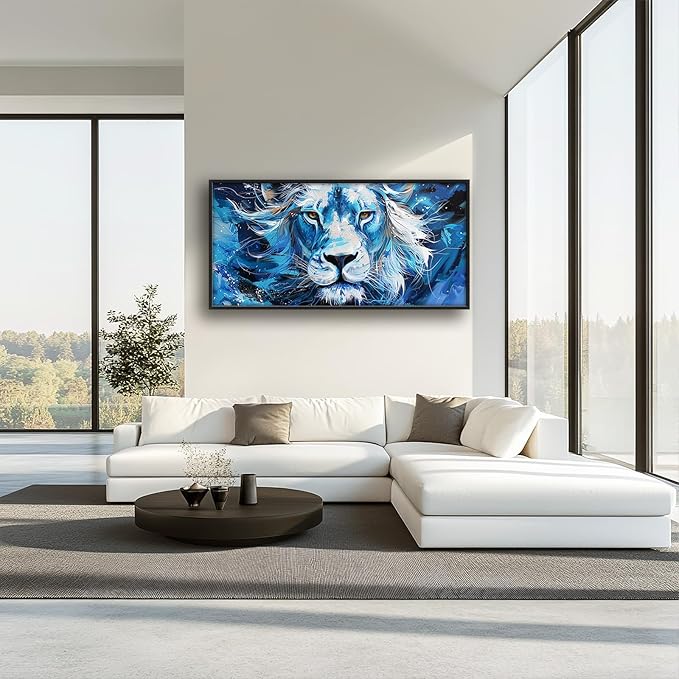Framed Large Wall Art for Living Room, Lion Canvas Wall Decor, Blue Animal Pictures Painting, Modern Landscape Artwork for Bedroom Office 60L'' × 30W''
