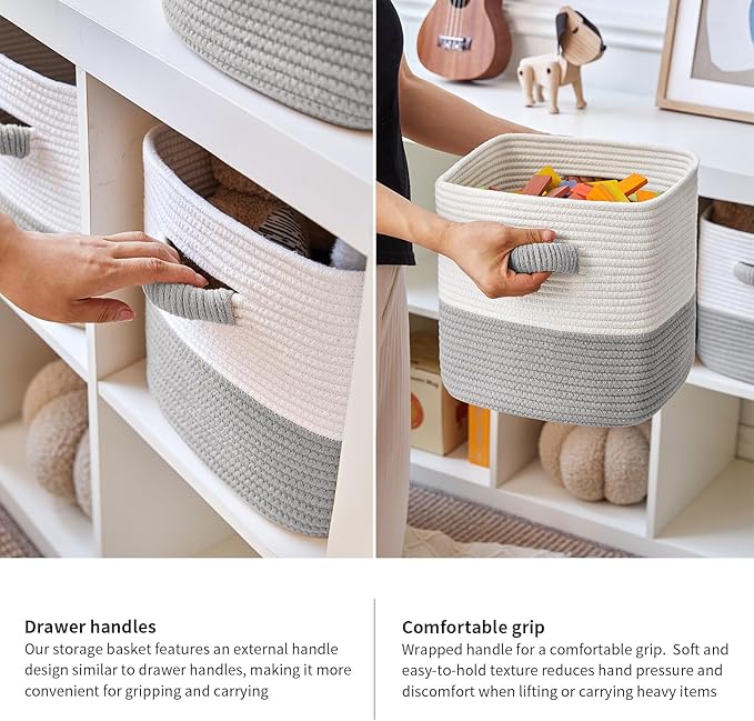 Storage Cube Baskets for Organizing- 3 Pack- 11 inch Square Baskets for Cube Storage, Closet Storage Bins- Woven Cube Storage Bins for Shelves- Ideal for Toy Storage |White & Grey