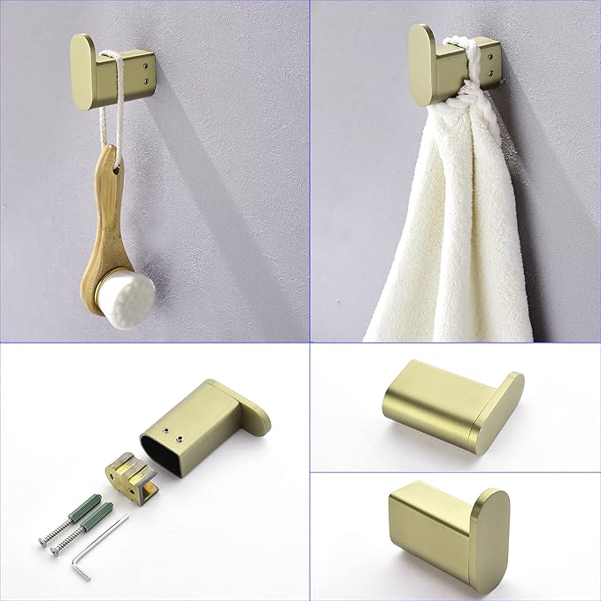 SHAMANDA Bathroom Hardware Set, 4-Piece Bath Accessory Towel Rack Set Brushed Gold Wall Mount Includes 24 Inch Towel Bar, Towel Robe Hook, Toilet Roll Paper Holder, Hand Tower Holder, BAS101-3