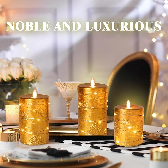 Da by Gold Flameless Candle, Battery-Powered Candle with Recessed String Light, LED Candle with 11-Button Remote, 24-Hour Timer Function, Dancing Flame, Real Wax