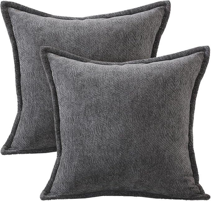 AVOIN colorlife Black Chenille Throw Pillow Covers 18 x 18 Inch Set of 2, Soft Cozy Bound Edge Design Home Decor Cushion Case for Living Room Bed Sofa Coach