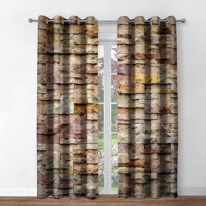 Jekeno Marble Curtains Curtains Colorful Brick Stone Wall Design Home Bedroom Living Room Decor Brown Grommet Window Drapes 2 Panel Set, 42"x54"