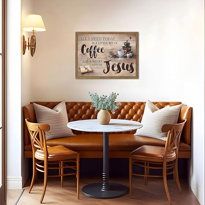 Wood Framed Christian Kitchen Wall Art, All I Need Today Coffee & Jesus Canvas Wall Decor Paintings, Coffee Motivational Posters Prints Pictures for Kitchen Bedroom Dining Room 12x16 Inch