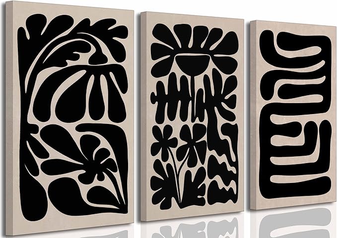 3 Pcs Boho Abstract Floral Canvas Wall Art Mid Century Modern Minimalist Black Neutral Flower Botanical Picture Wall Decor Poster Print Artwork for Living Room Bedroom Home Decoration