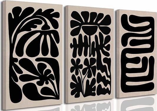 3 Pcs Boho Abstract Floral Canvas Wall Art Mid Century Modern Minimalist Black Neutral Flower Botanical Picture Wall Decor Poster Print Artwork for Living Room Bedroom Home Decoration