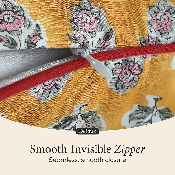 CPC 100% Cotton Throw Pillow Covers 20x20 Inch, Set of 2 Yellow Block Print Pattern Couch Pillow, Cute Boho Decorative Pillows for Living Room, Bedroom with Hidden Zipper- Yellow Citrine