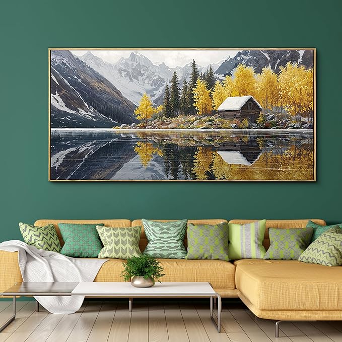KLAKLA Living Room Wall Art - Tranquil Lake Cabin Orange Tree Forest Snowy Mountain Canvas Wall Decor Oversize Landscape Picture Framed Artwork for Bedroom Office Walls Home Decoration 58x29 Inches