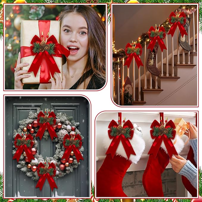 Syhood 6 Pcs Christmas Velvet Bow with Pine Cones Pine Needles Berries Xmas Wine Red Ribbon Bow Ornaments 6.3 x 5.1 Inch for Christmas Tree Wreath Garden Fireplace Crafts DIY Decor