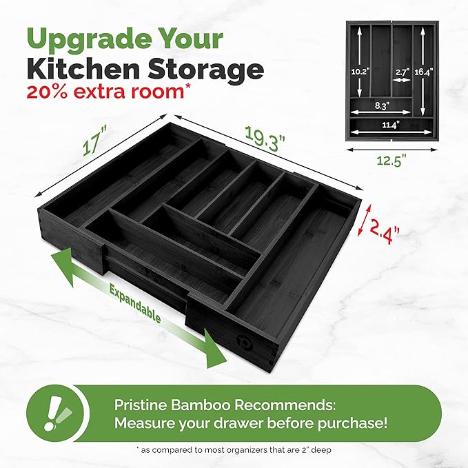 Silverware Tray - Drawer Organizer with Expandable Wooden Dividers (8-Slots, Black)
