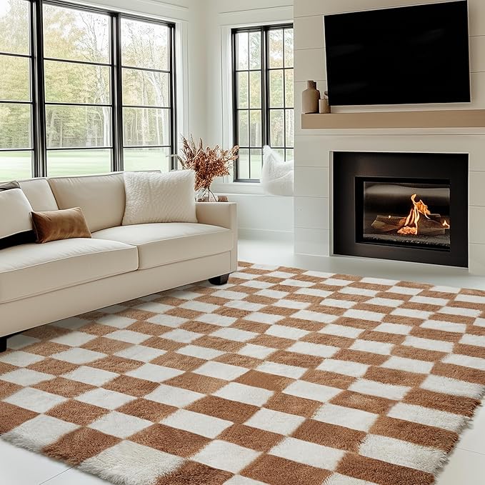Checkered Rug 9x12 for Living Room, Beige and White Modern Shag Rug Super Soft Washable Indoor Fuzzy Carpet Non-Slip Fluffy Rugs for Bedroom Home Aesthetic Decor