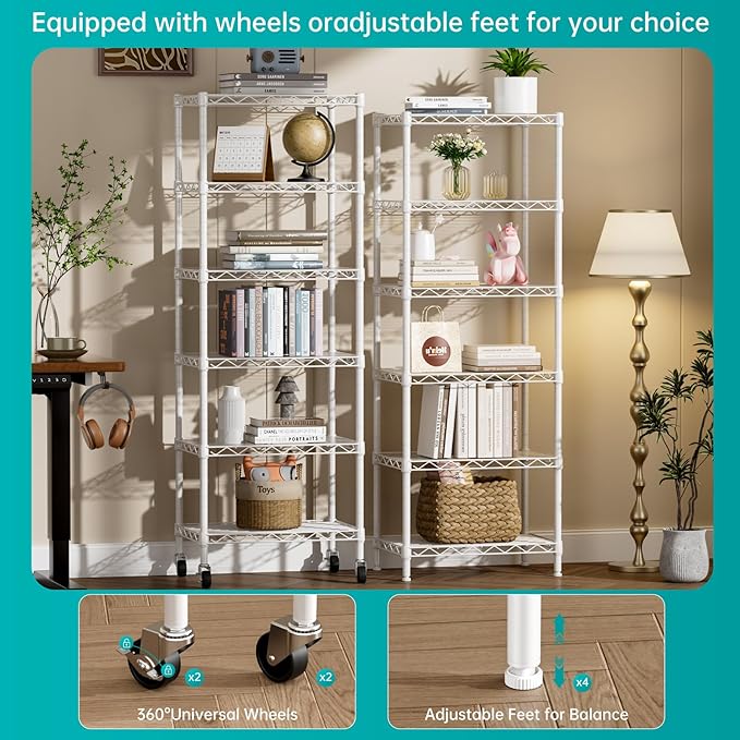 SINGAYE 6 Shelves Storage Shelf Wire Closet Bathroom Organizers Metal Pantry Kitchen Small Garage Shelving Unit Laundry Room Organization Home Narrow Rack Net Basket with Wheels White