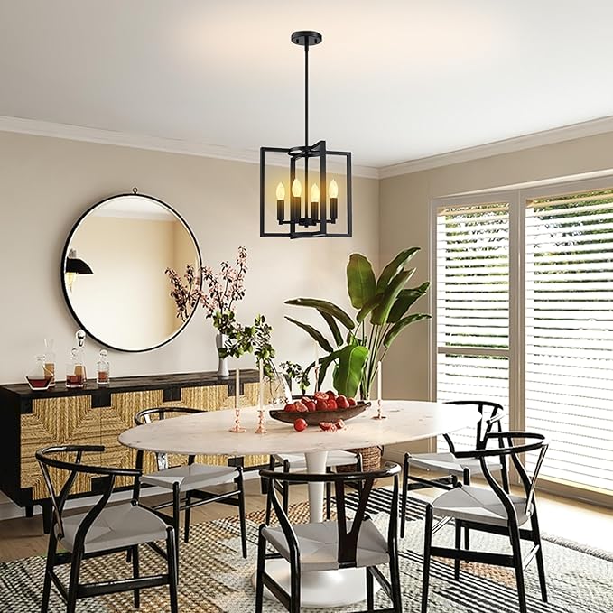 Leading Lighting 4 Light Rustic Kitchen Island Farmhouse Hanging Chandelier Light Fixture,with Black Finish Metal Frame for Entryway Dinning Room Bedroom