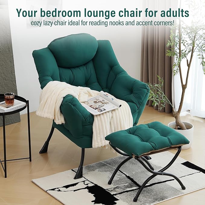 Modern Lazy Chair with Folding Footrest, Lounge Accent Reading Chair (Dark Green)