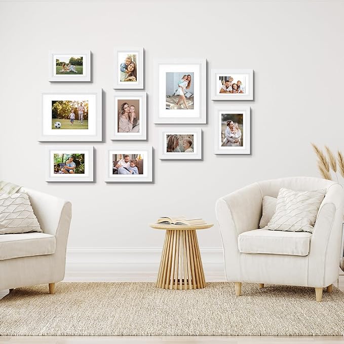 Picture Frames Set of 10 White, Bulk MDF Frames for 8x10, 5x7, 4x6 Photos Real Glass for Wall or Tabletop