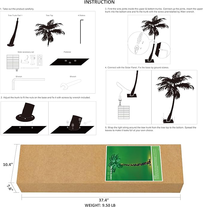 Lightshare 5FT Solar Gorgeous Palm Tree Artificial Lighted Palm Tree, 56LED Lights, Decoration for Office, Home, Party, Christmas, Nativity, Outside Patio