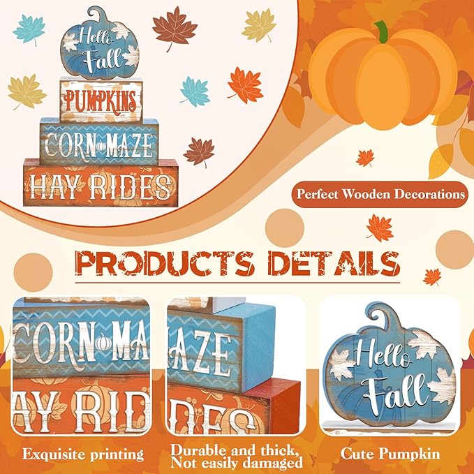 4 Pcs Fall Decor for Home Blue Pumpkin Wooden Signs with Blessed Autumn Tiered Tray Decor Hello Fall Tabletop Centerpiece Maple Leaf Block Signs for Thanksgiving Office Kitchen Shelf