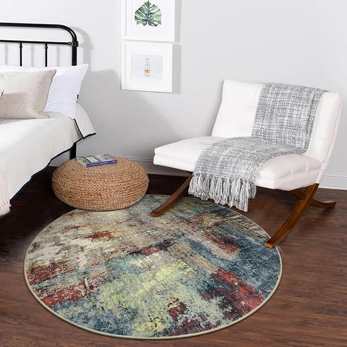 Lahome Modern Abstract Round Rug - 3Ft Small Red Washable Kitchen Round Area Rug Bedroom Circle Mat, Soft Low Pile Non Slip Indoor Throw Carpet for Cabinet Bathroom Living Room Office