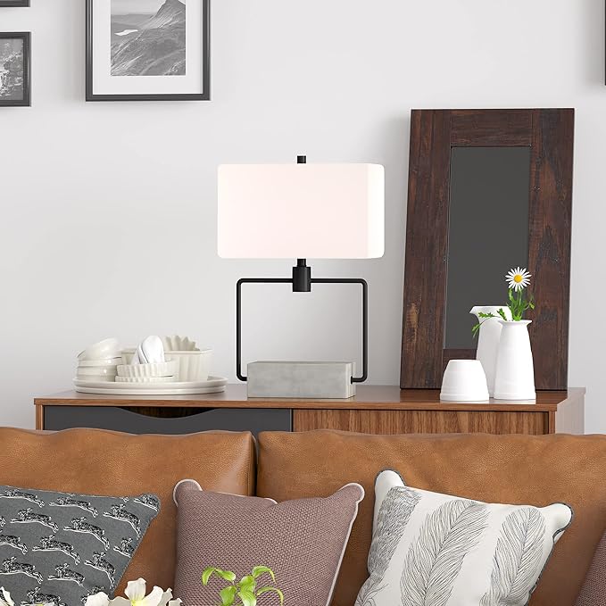 Henn&Hart 22'' Modern 1-Light Table Lamp with White Fabric Rectangle Shade for Living Room, Bedroom, or Office, Concrete/Blackened Bronze