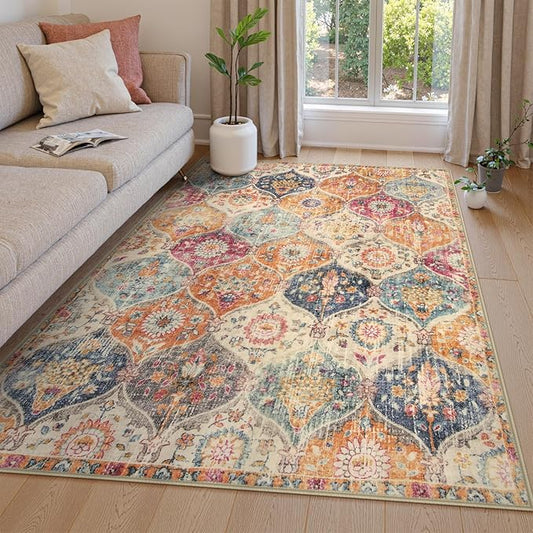 Lahome Moroccan Trellis Washable Area Rugs 5x7, 5x7 Area Rugs for Living Room Bedroom, Indoor Non-Slip Large Oriental Accent Throw Carpet for Kitchen Entryway Bathroom Office, Cream/Multi