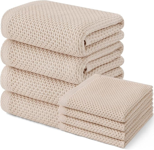 Homaxy 100% Cotton Kitchen Towels and Dishcloths Set, Large 12 x 12 Inches and 20 x 28 Inches, Set of 8 Bulk Kitchen Towels Set, Ultra Soft Absorbent Dish Cloths for Washing Dishes, Beige