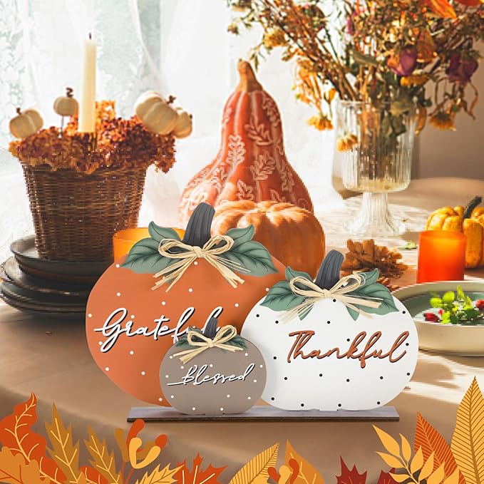 Soaoo Fall Pumpkin Table Decorations Wooden Thankful Blessed Centerpiece Autumn Grateful Tabletop Decor Farmhouse Harvest Pumpkin Block Signs for Party Rustic Table Shelf Decor Home(Vintage)
