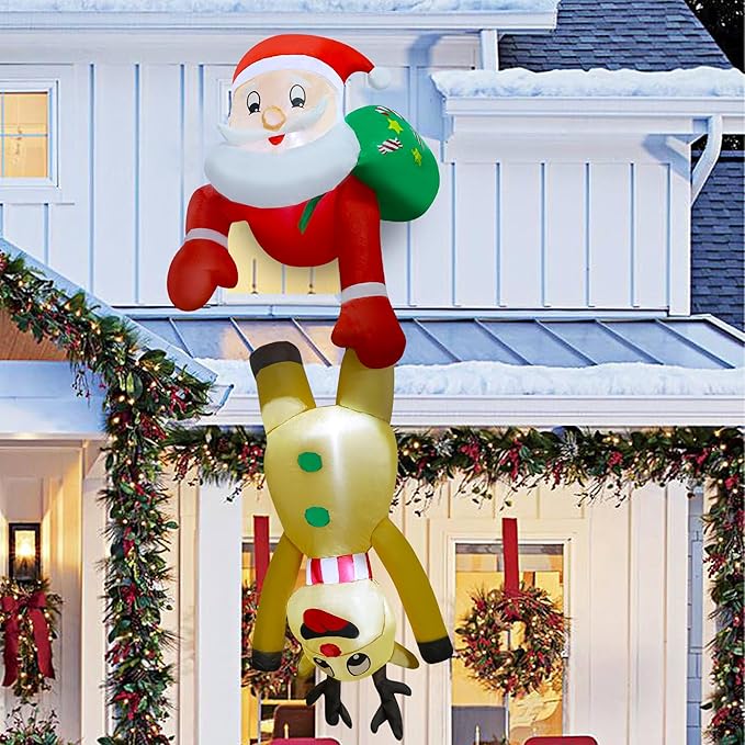 DR.DUDU 7 FT Christmas Inflatable Outdoor Decorations, Blow Up Santa Claus with Reindeer Hanging Xmas Inflatables Decor with LED Lights for Yard Lawn Porch Garden Holiday Party