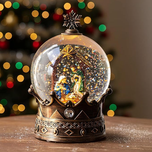 Snow Globe Lighted Christmas Decorations, Nativity Manger Scene Musical Crown Snow Globe Lantern with Swirling Glitter, Christmas Holiday Party Gifts and Decorations